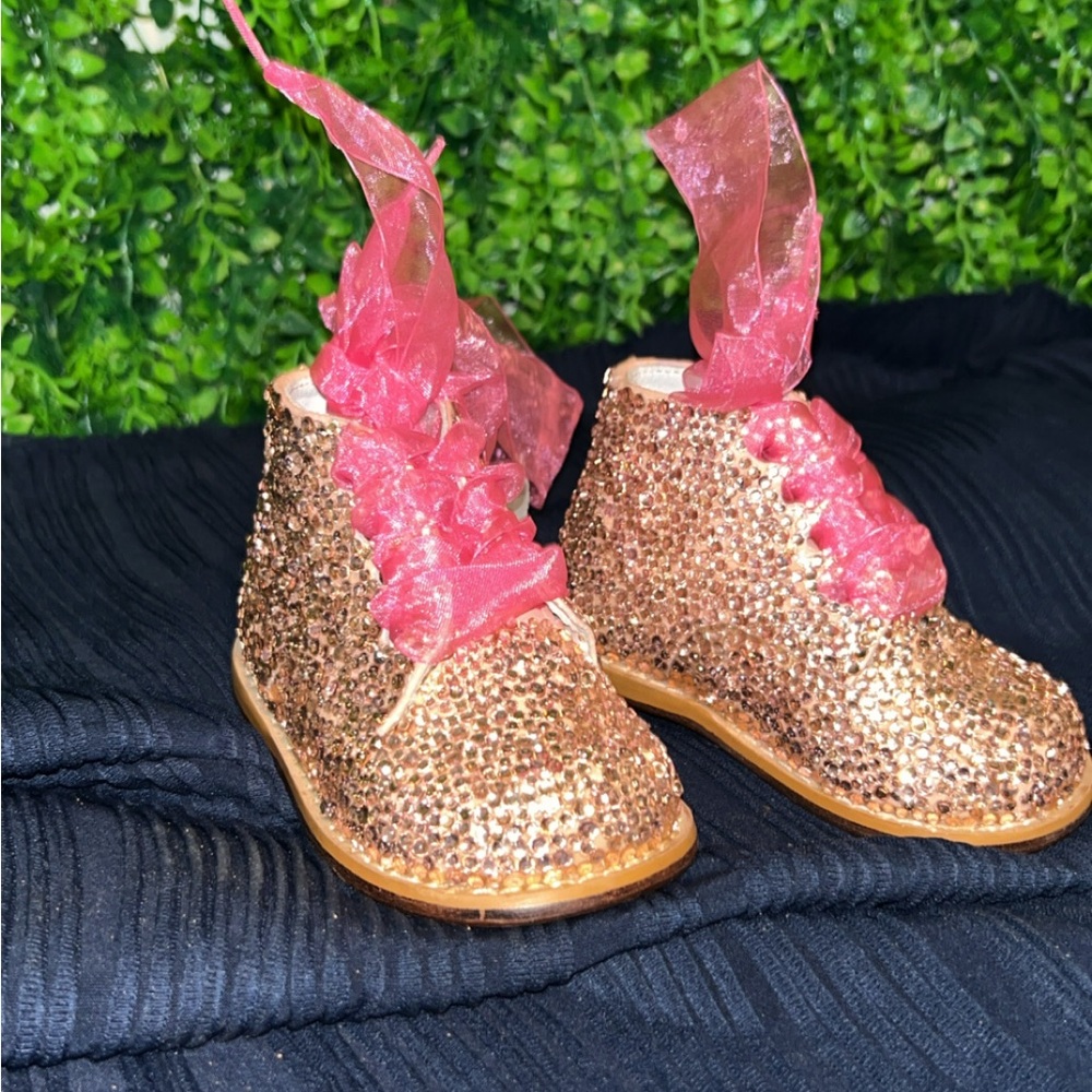 Sparkly Gold Kids Shoes with Pink Ribbon